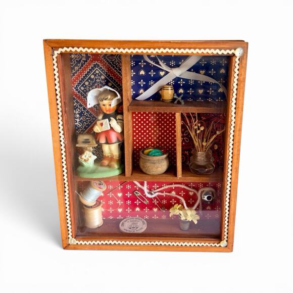 Handmade Other - Vintage Wood Glass Wall Shadow Box Diorama Trinket Shelf 1970S Hummel Sewing